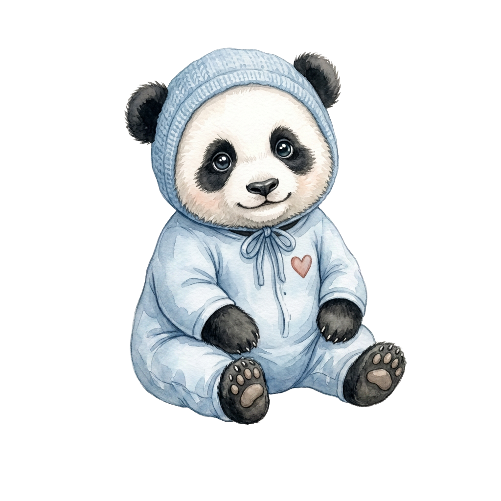 Watercolor illustration of a baby panda in a blue bonnet and onesie sitting among bamboo leaves